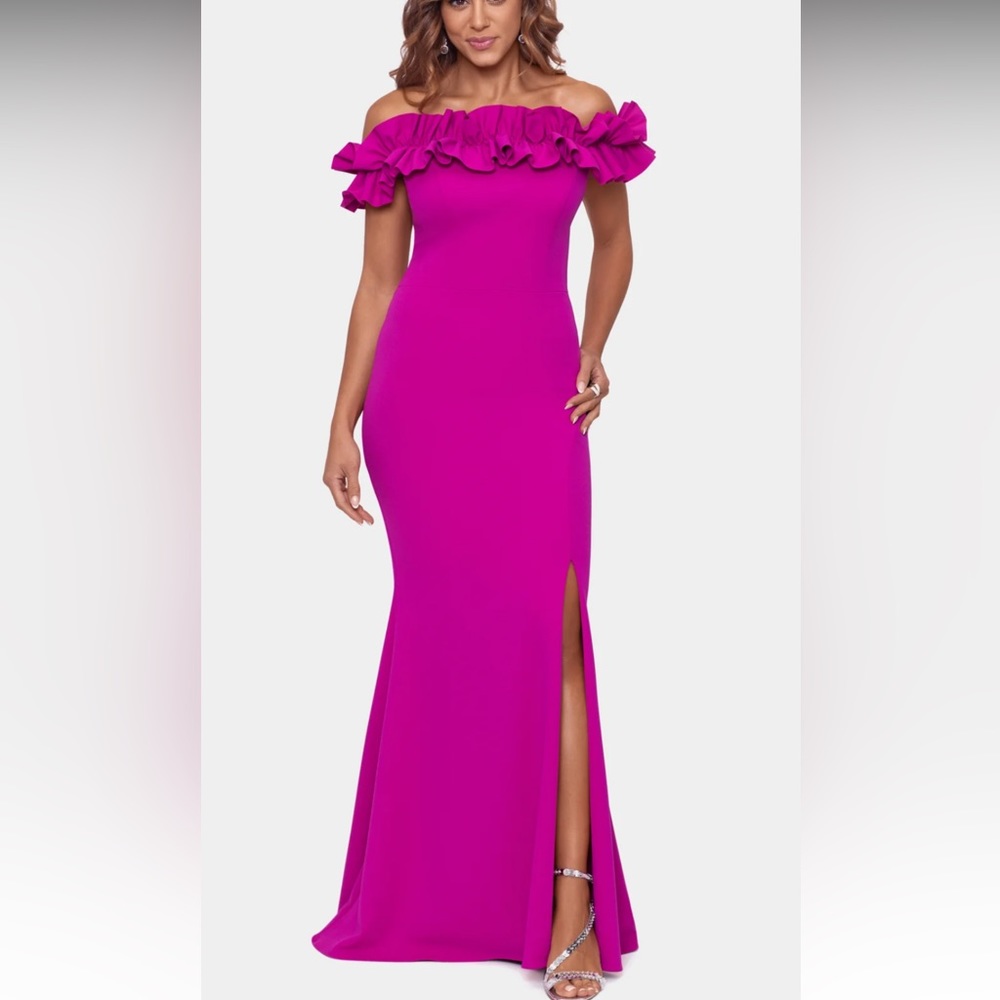 Long Crepe Off-Shoulder Ruffle Dress New Fuchsia. Prom, pageant, homecoming!